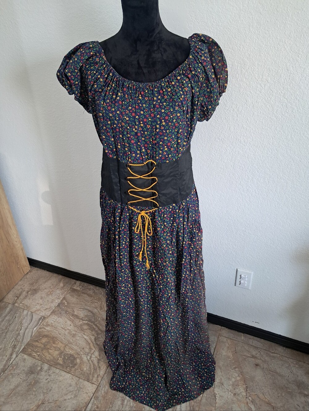 Peasant Dress Maxi Blue Floral Puff Sleeves Handmade Sz Lg Costume Renaissance